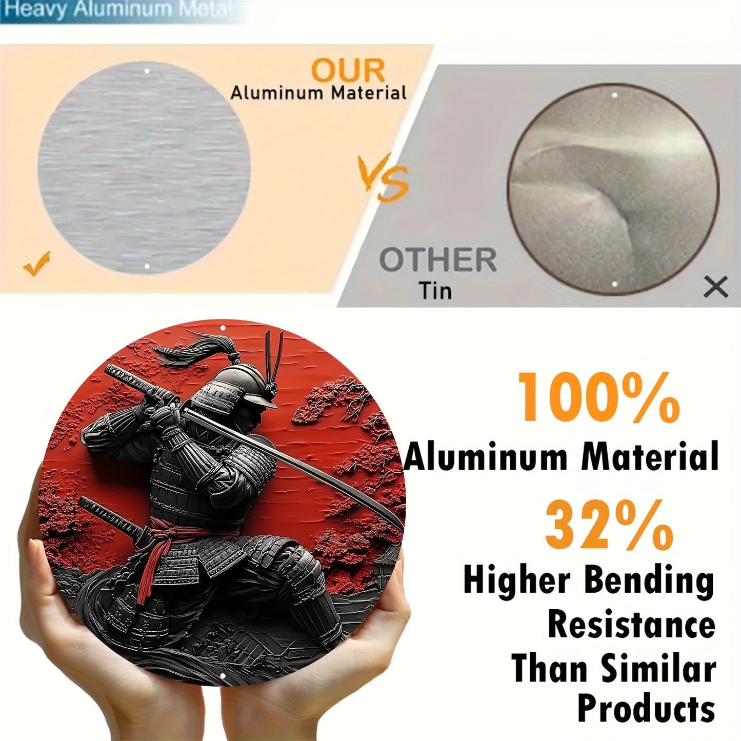Japanese Warrior Aluminum Wall Art, 8-Inch Waterproof Metal Decor