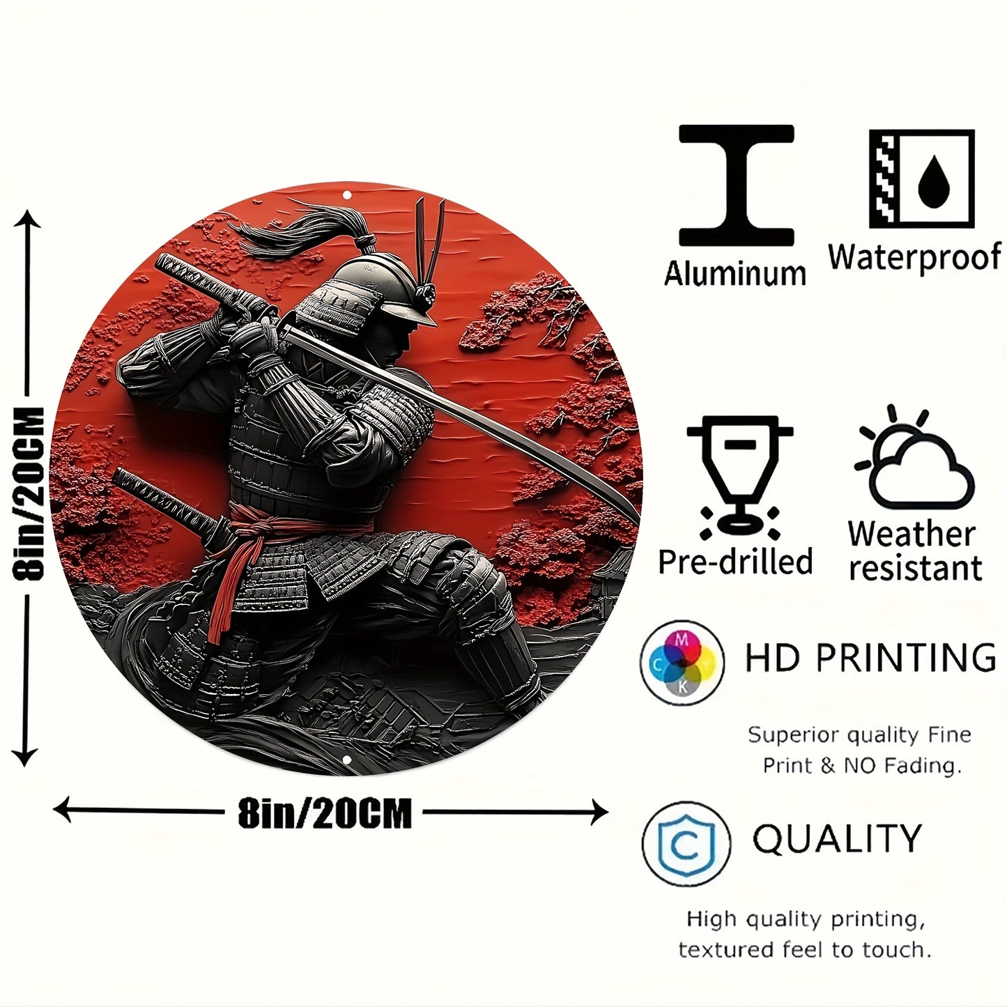 Japanese Warrior Aluminum Wall Art, 8-Inch Waterproof Metal Decor
